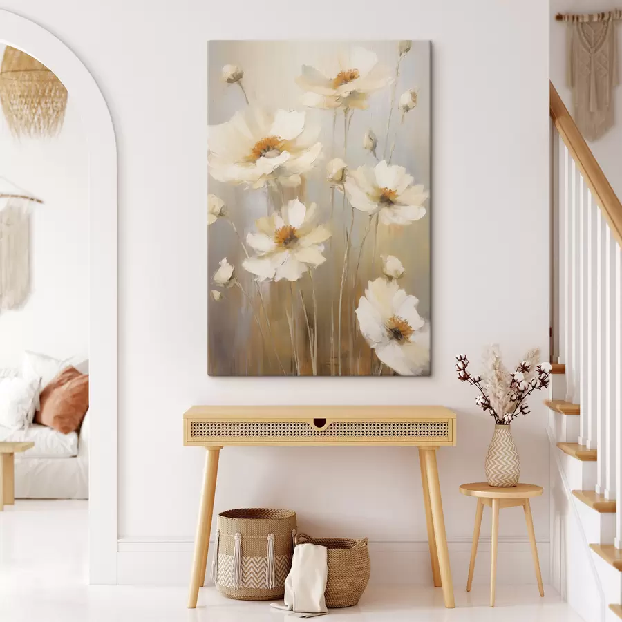 murales de pared Amapolas blancas pintadas en un estilo suave e impresionista sobre un fondo en tonos apagados s49160