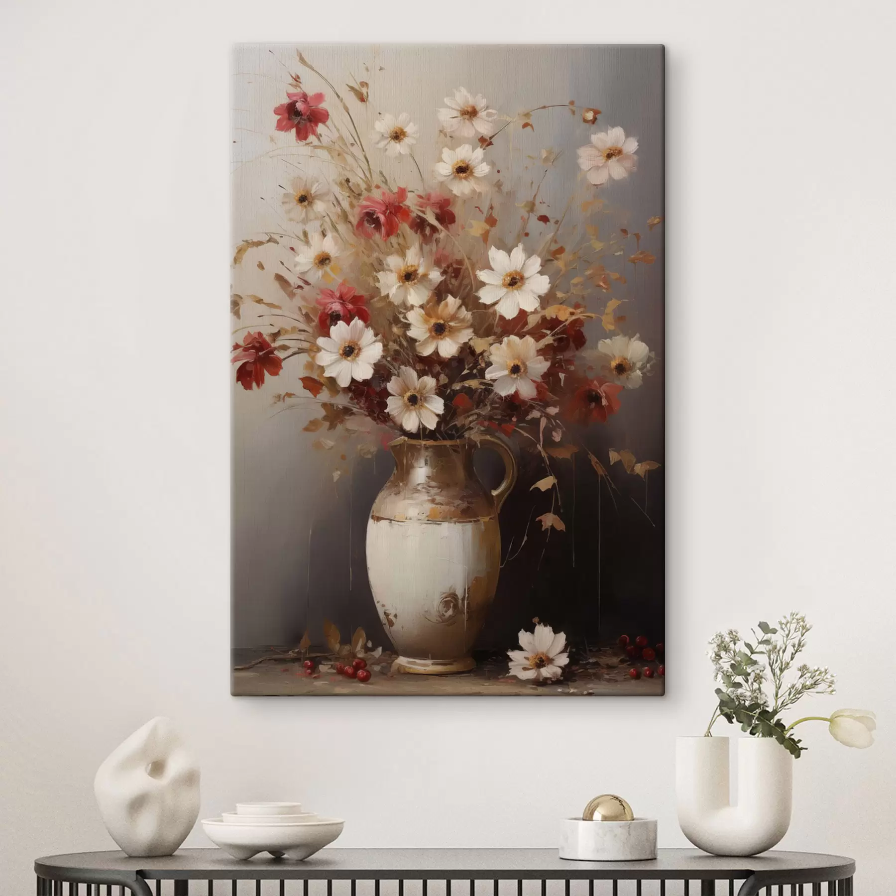murales de pared Un ramo de flores blancas y rojas con toques marrones en un jarrón, estilo pictórico s49161