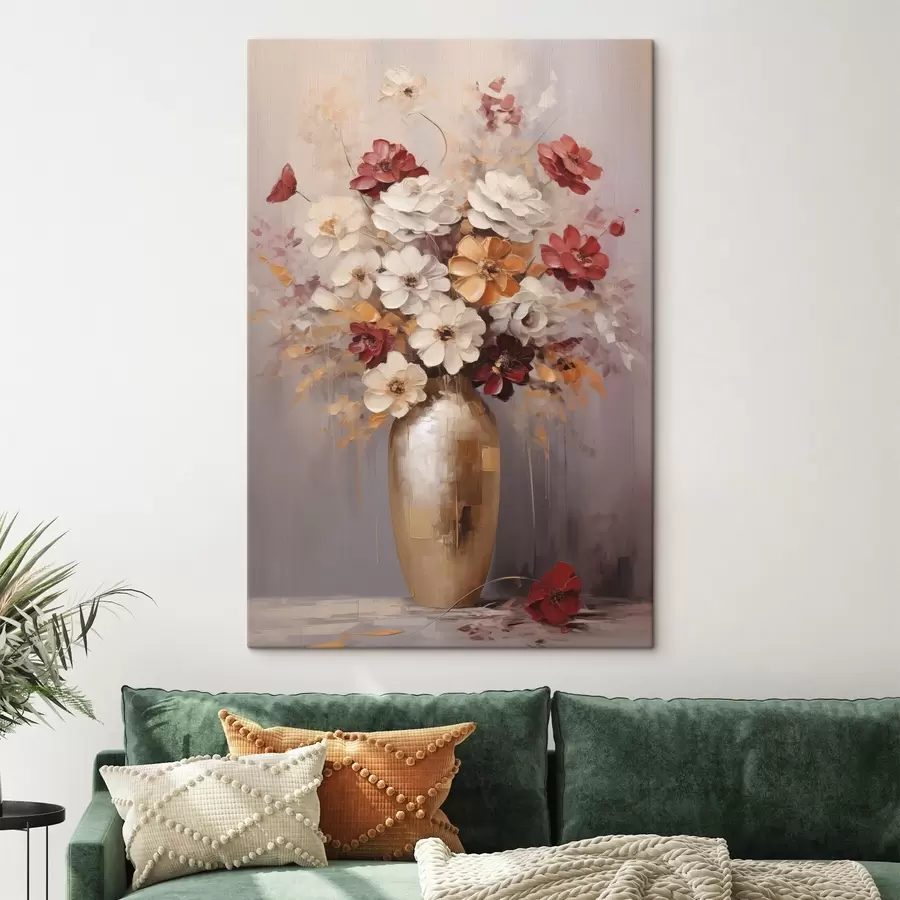 murales de pared Un ramo de flores blancas y rojas con toques marrones en un jarrón, estilo pictórico s49162
