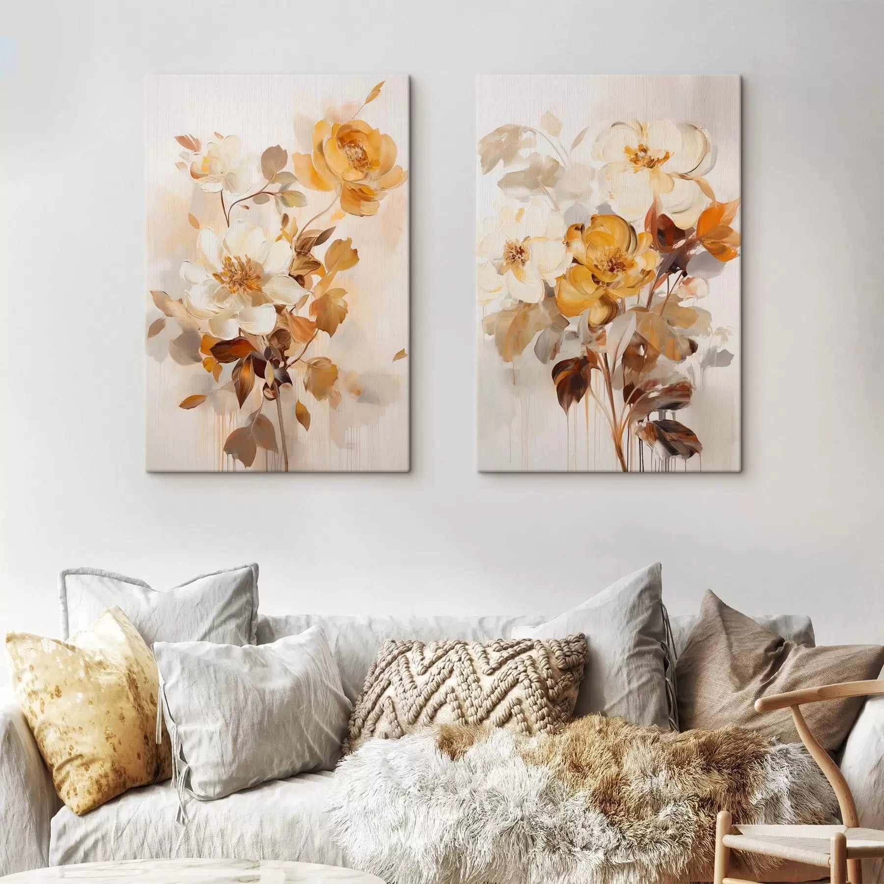 murales de pared Flores abstractas con hojas marrones, estilo pictórico y pinceladas m30469
