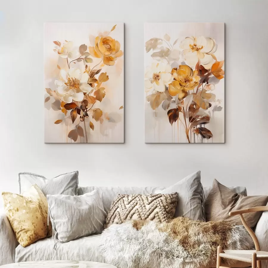 murales de pared Flores abstractas con hojas marrones, estilo pictórico y pinceladas m30469