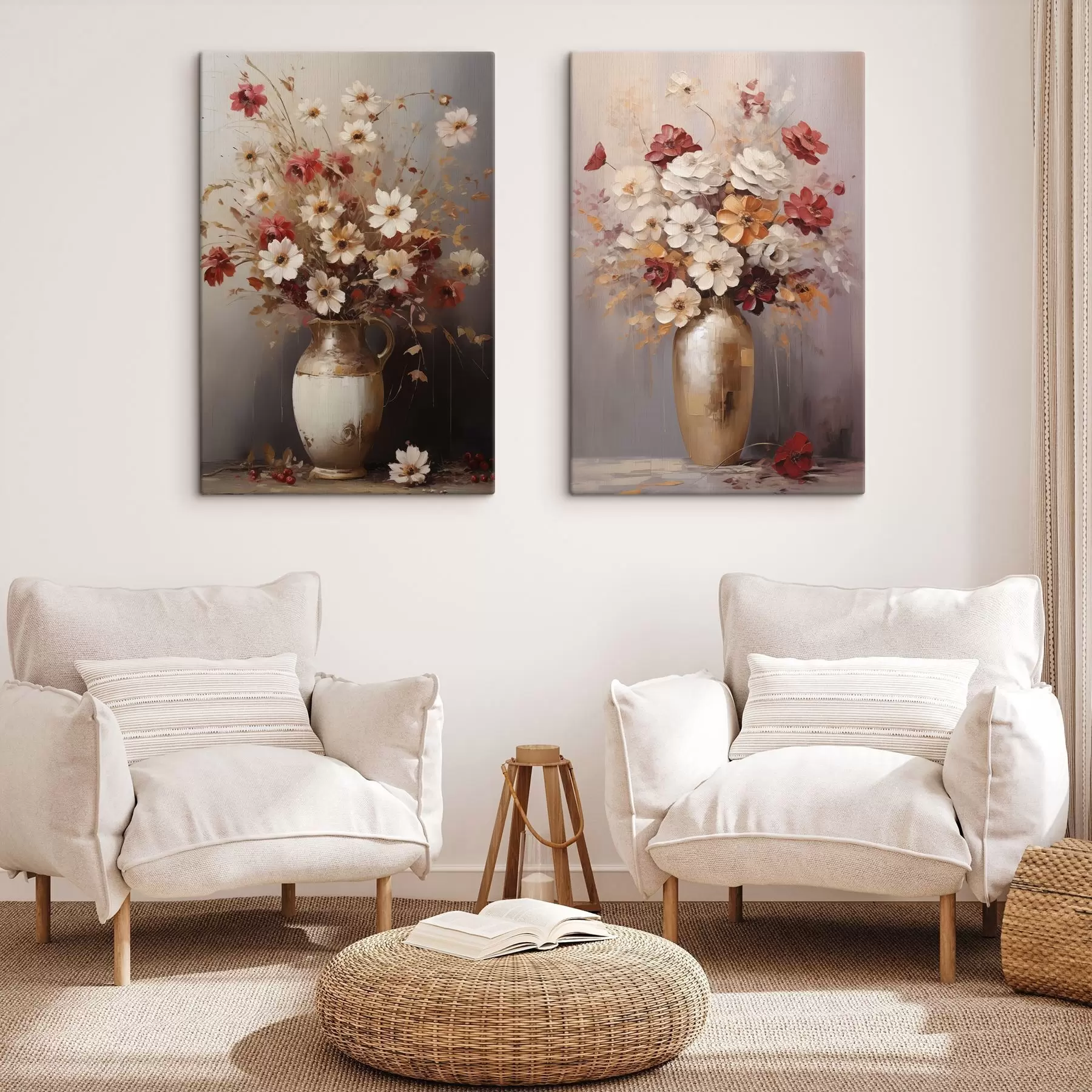 murales de pared Un ramo de flores blancas y rojas con toques marrones en un jarrón, estilo pictórico m30477
