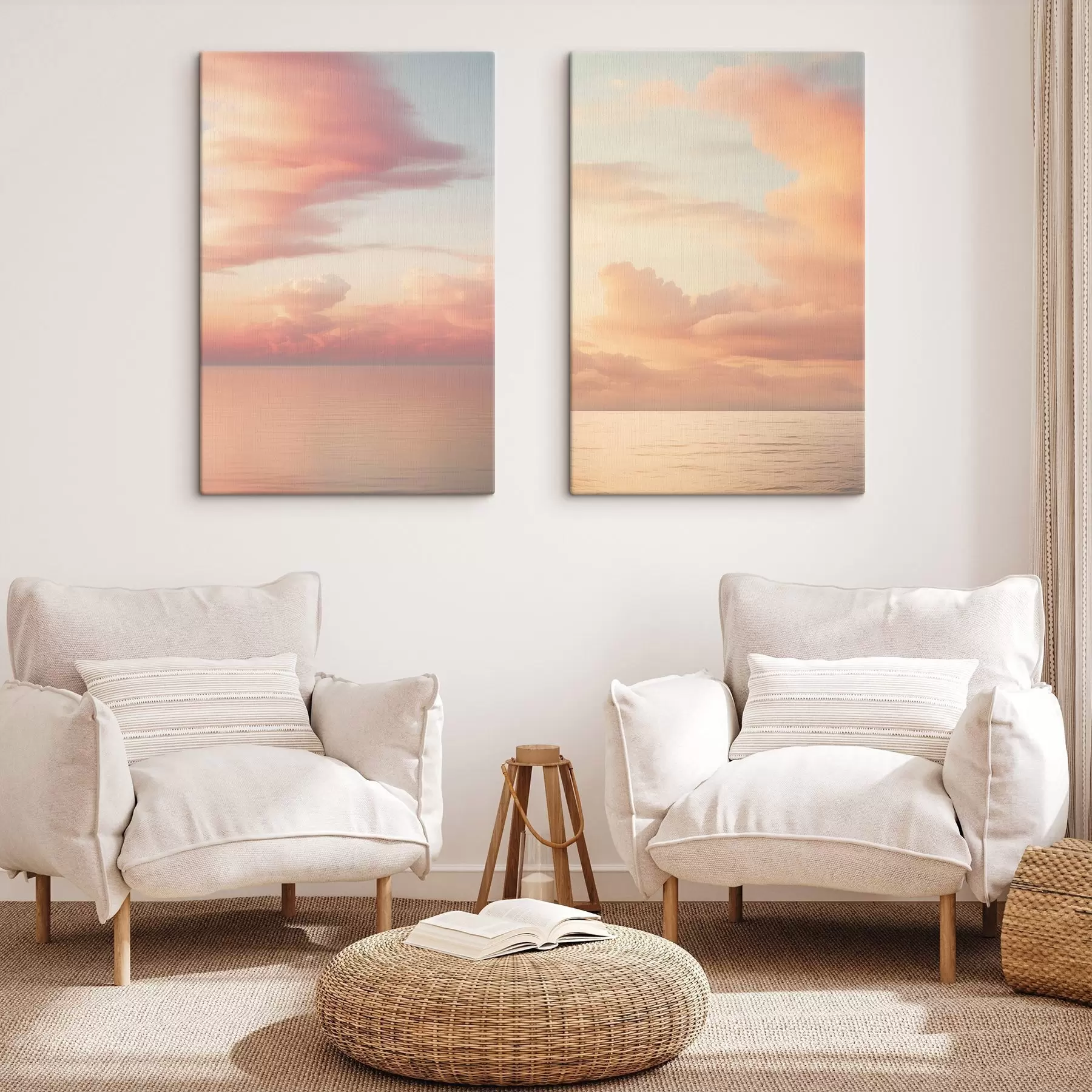murales de pared Un cielo en tonos pastel salpicado de suaves nubes sobre un océano tranquilo y resplandeciente al atardecer m30485