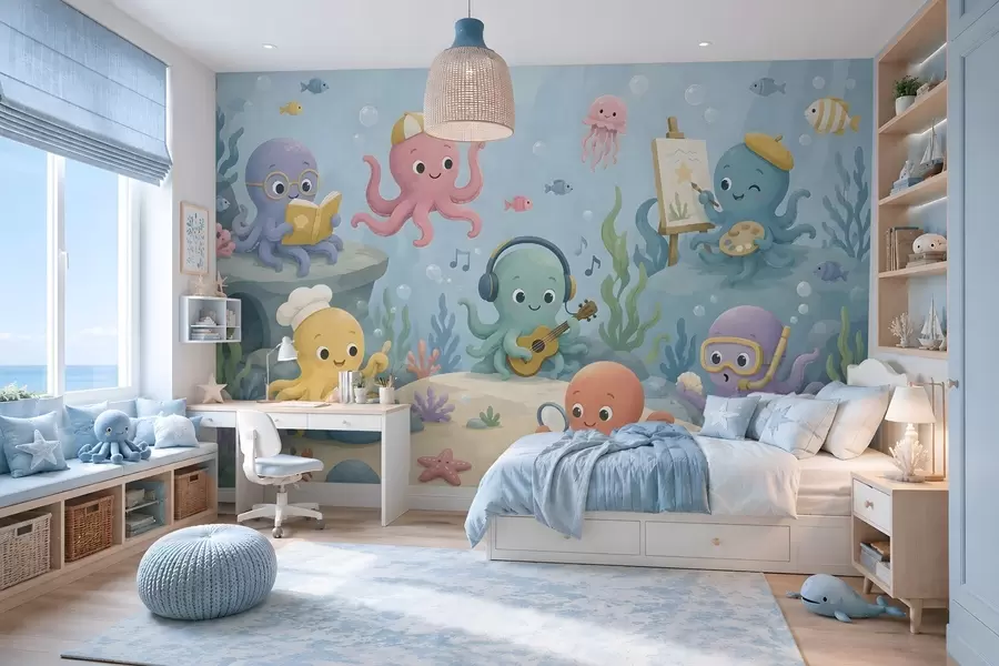 murales de pared Alegres y creativos pulpos del mundo submarino w05568