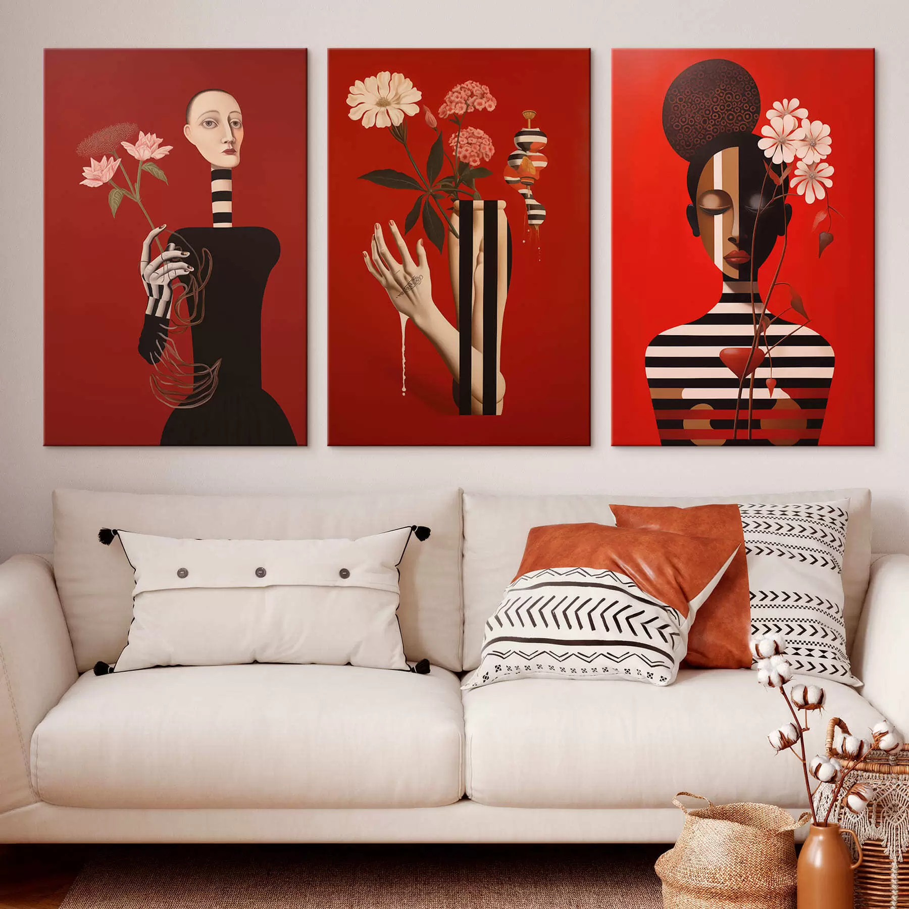 murales de pared Retratos femeninos estilizados sobre fondo rojo m30488