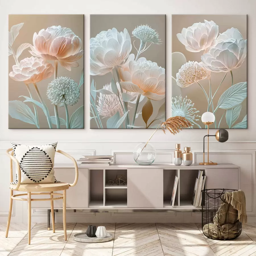 murales de pared Tríptico con flores suaves y pálidas m30489