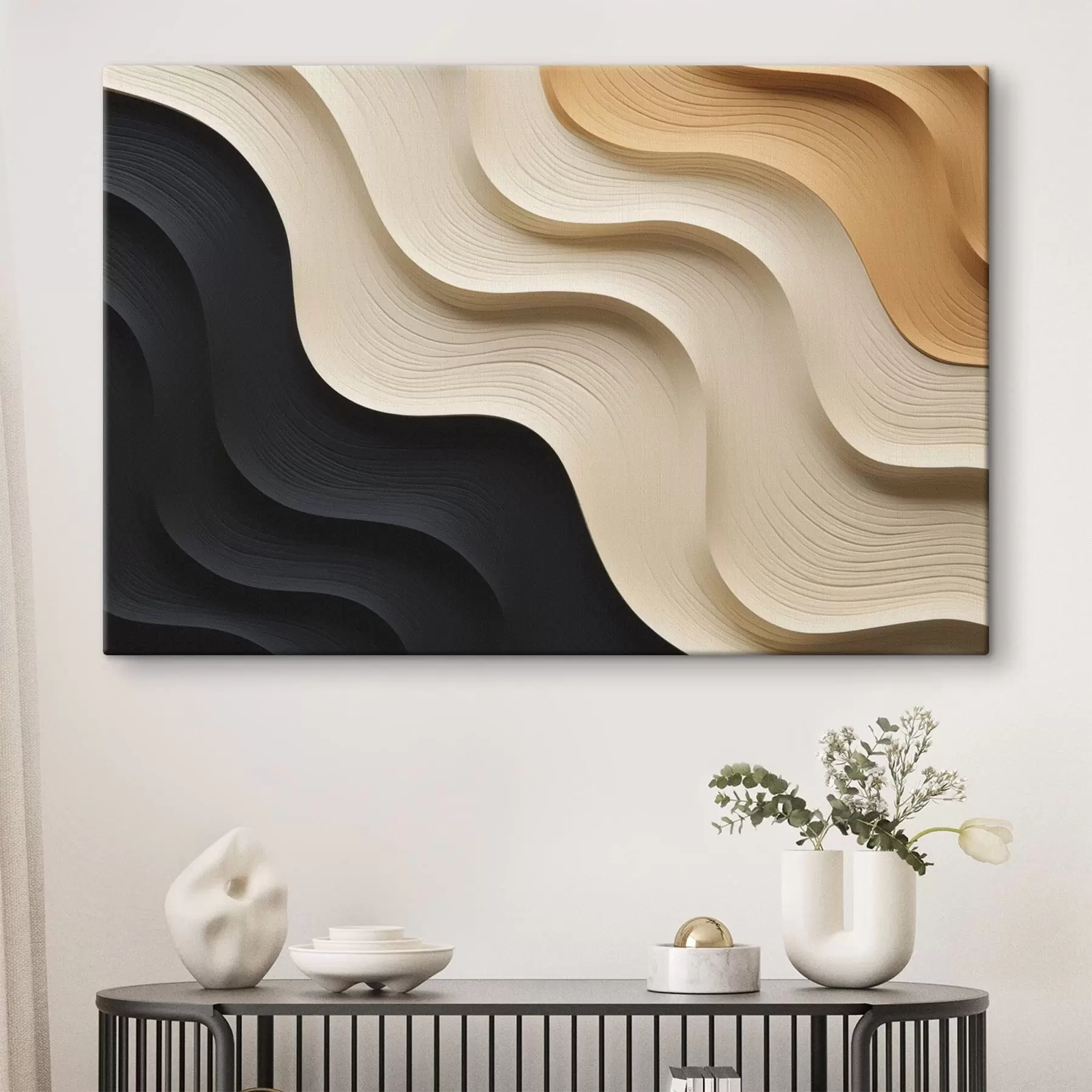 murales de pared Capas fluidas con motivos abstractos en tonos oscuros y beige s49179