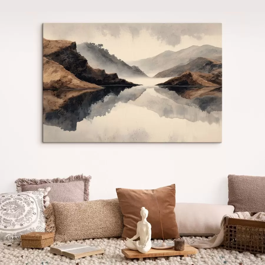 murales de pared Montañas brumosas y un lago con un reflejo nítido s49186