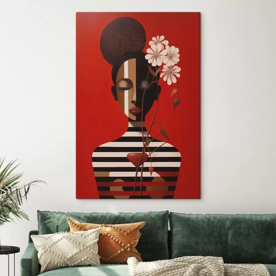 murales de pared Retrato geométrico con flores sobre fondo rojo s49191