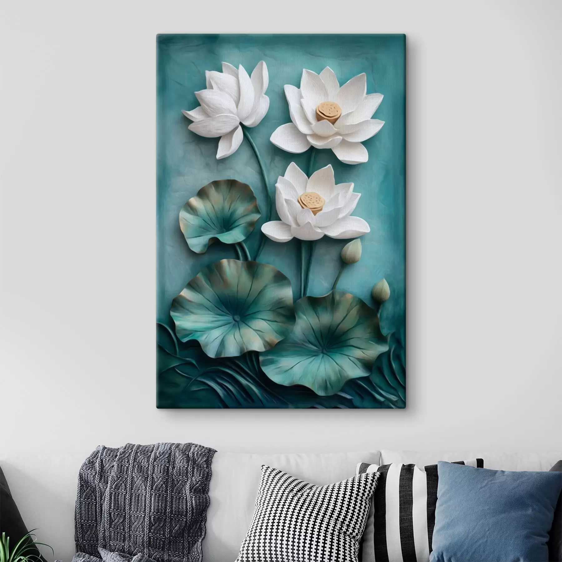murales de pared Lotos blancos y hojas sobre fondo turquesa s49204