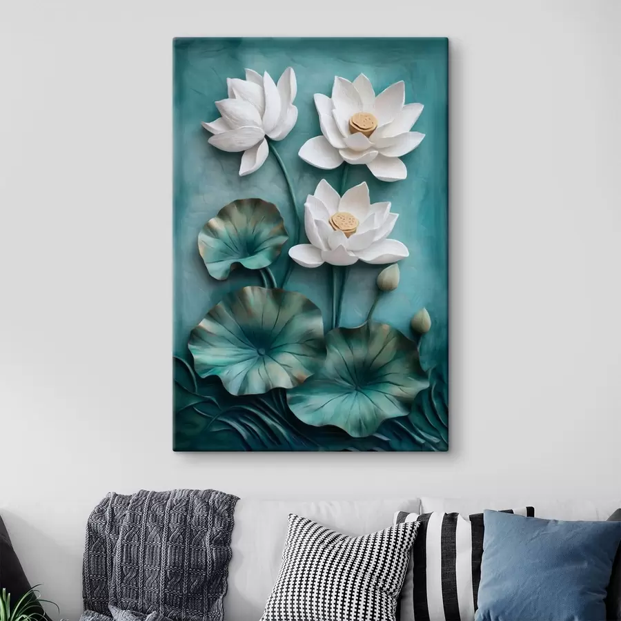 murales de pared Lotos blancos y hojas sobre fondo turquesa s49204