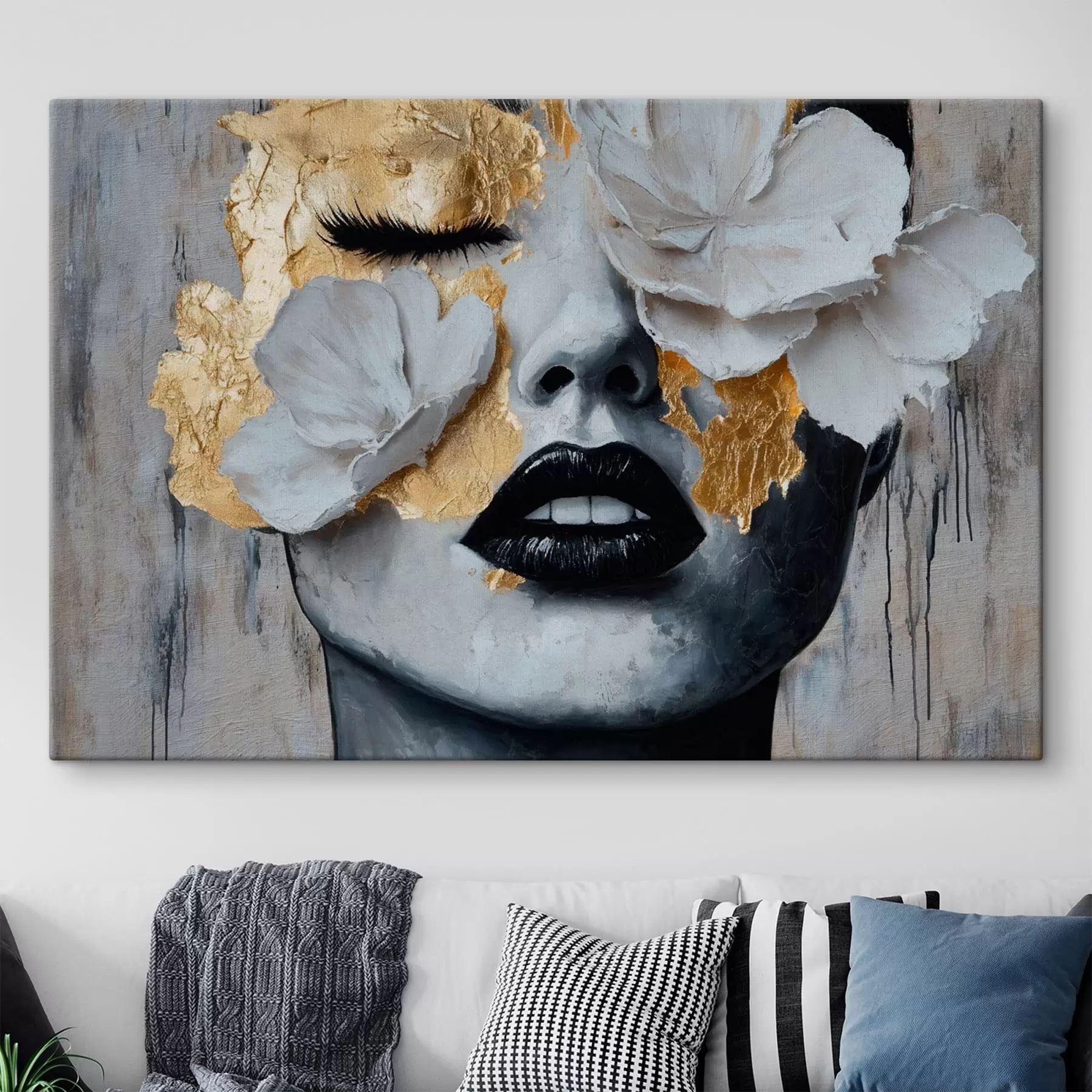 murales de pared Retrato femenino en contraste con flores s49206