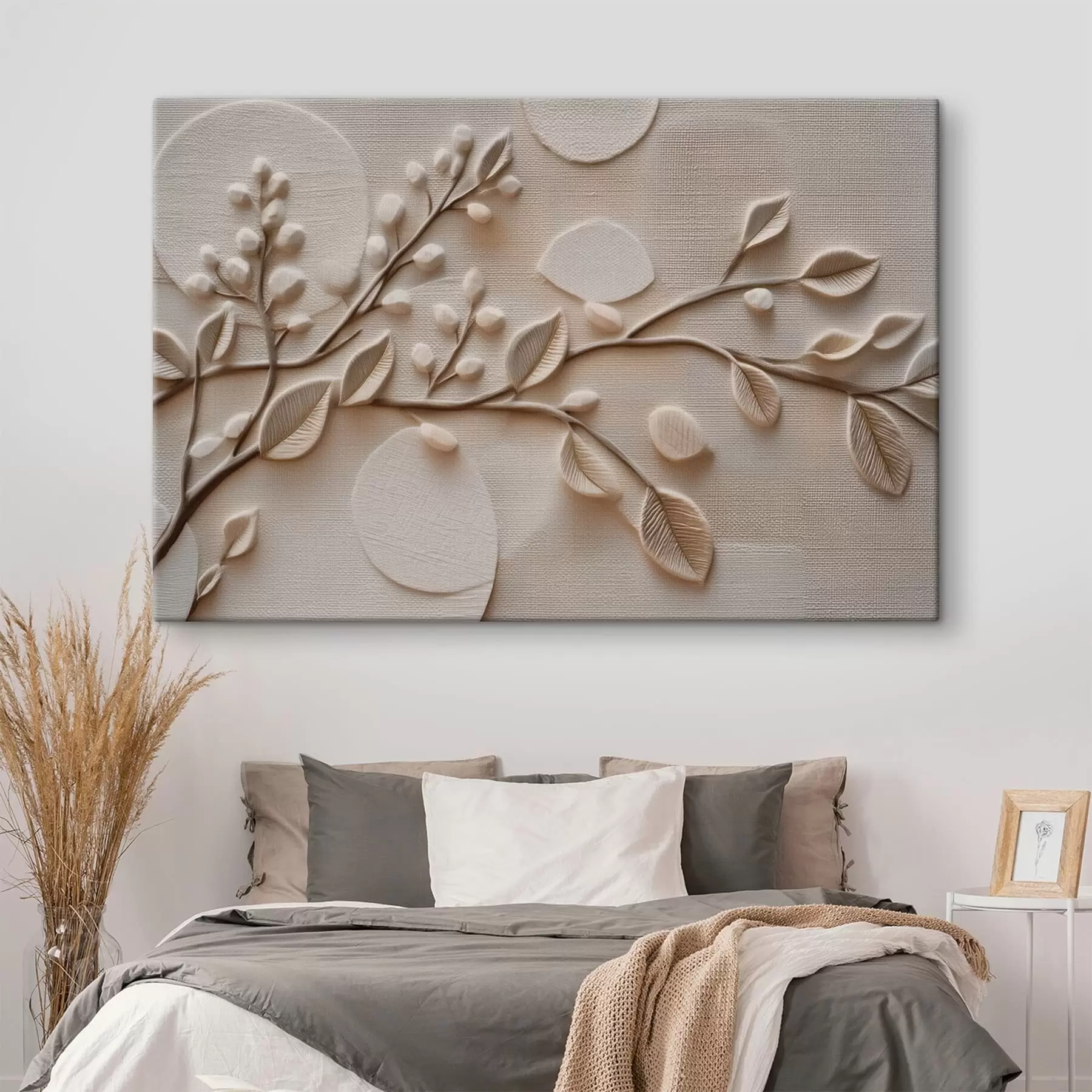 murales de pared Ramas en relieve con hojas en tonos neutros s49214