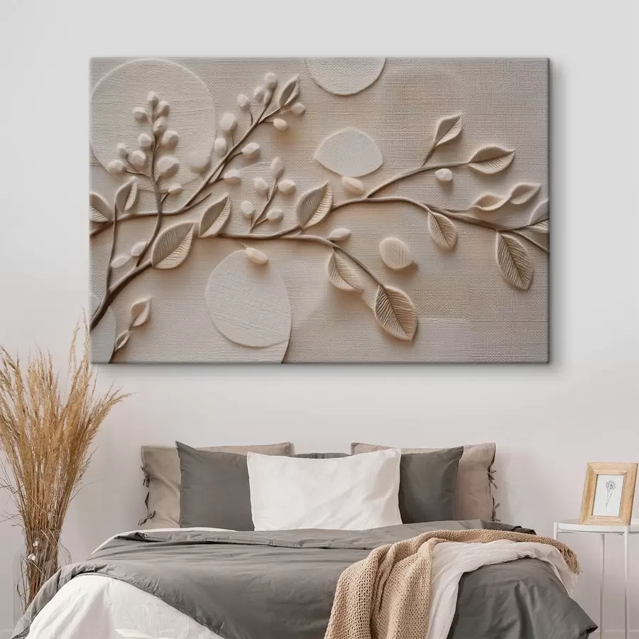 murales de pared Ramas en relieve con hojas en tonos neutros s49214