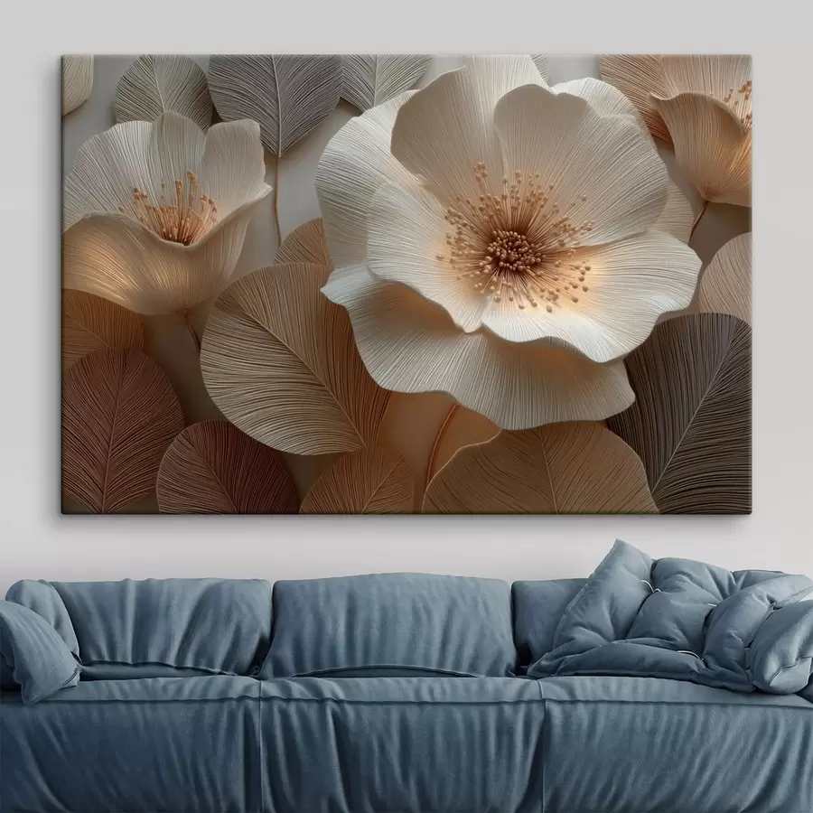 murales de pared Flores y hojas dispuestas en capas en tonos cálidos s49218