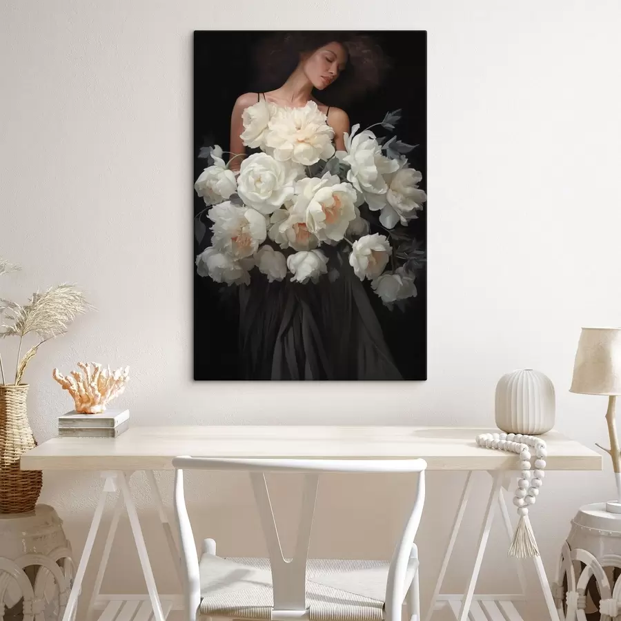 murales de pared Mujer con un gran ramo de flores de tonos claros s49220