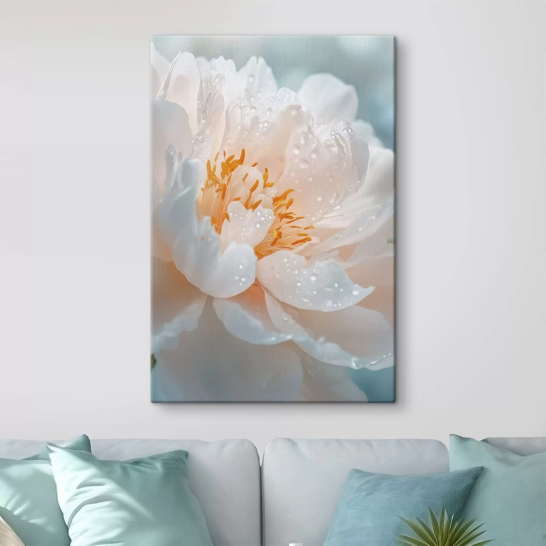 murales de pared Macrofotografía de una flor con gotas de rocío y un suave resplandor s49223