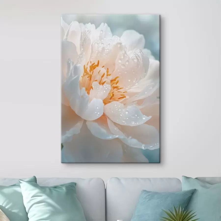 murales de pared Macrofotografía de una flor con gotas de rocío y un suave resplandor s49223