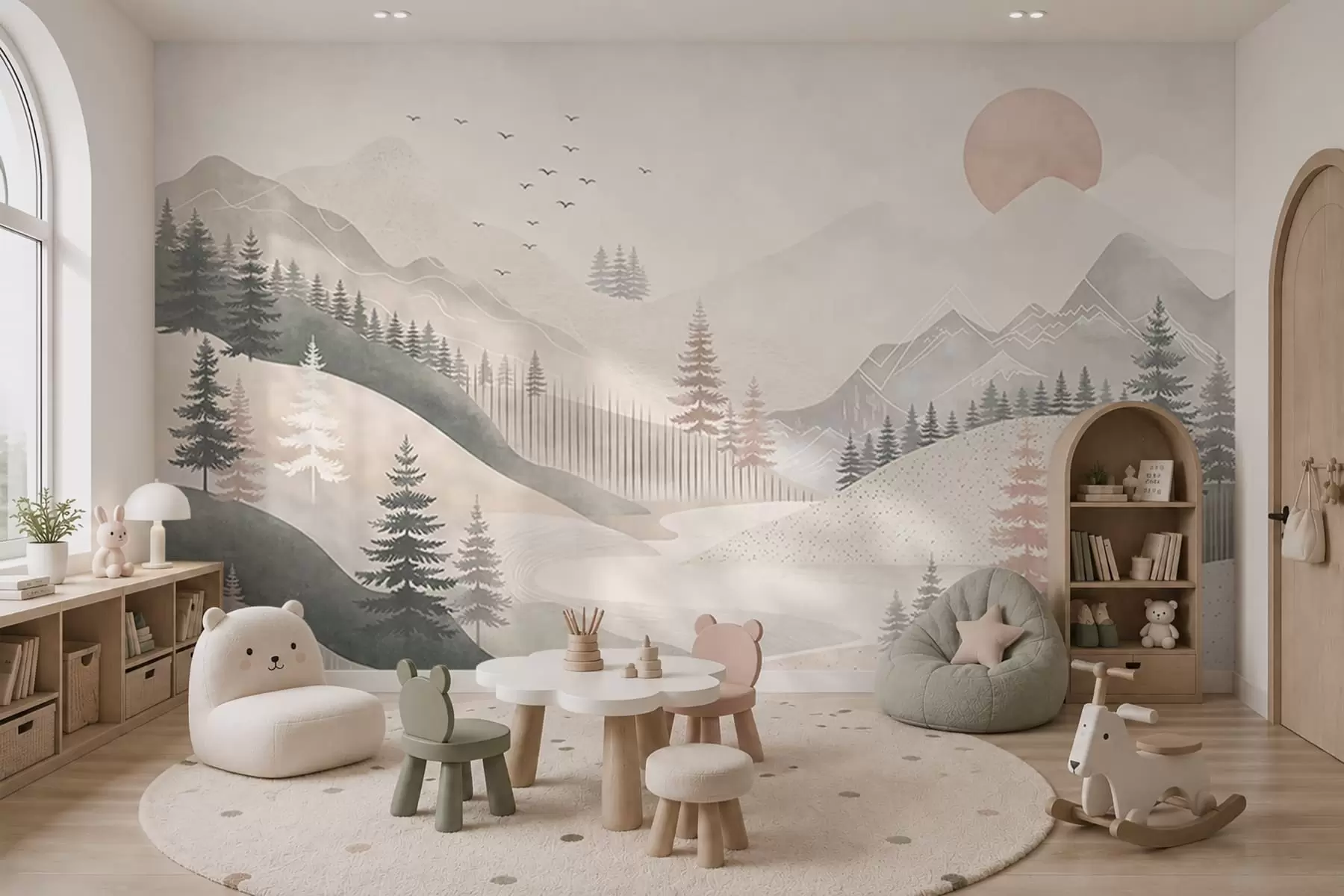 murales de pared Paisaje montañoso minimalista con pinos w05626