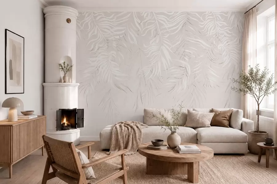 murales de pared Hojas tropicales blancas sobre fondo claro w05627v1