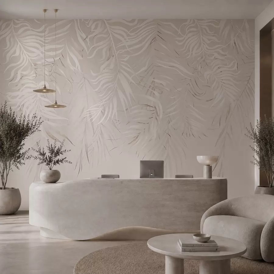 murales de pared Hojas tropicales blancas sobre fondo claro w05627v1