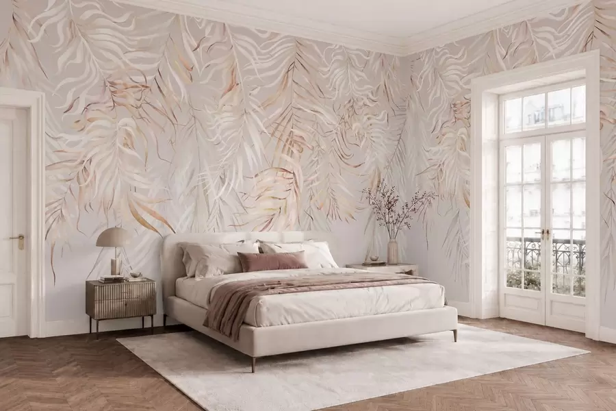 murales de pared Hojas tropicales claras sobre fondo beige w05627v2