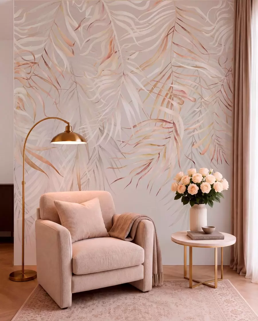murales de pared Hojas tropicales claras sobre fondo beige w05627v2