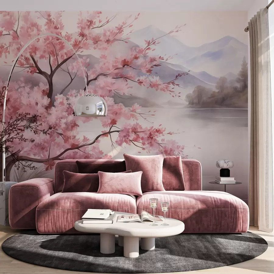 murales de pared Paisaje: un árbol con flores rosas, un lago y montañas envueltas en niebla al fondo w09870