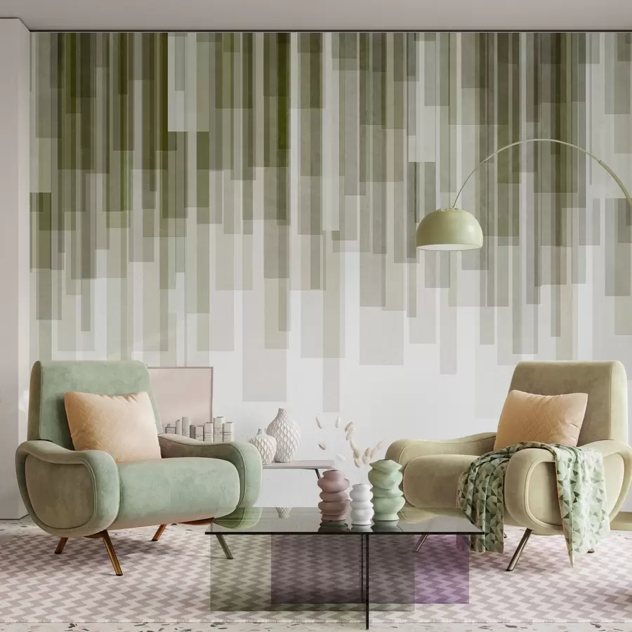 murales de pared Rectángulos verticales con textura, de diversa transparencia y en distintos tonos de verde; arte abstracto w09889
