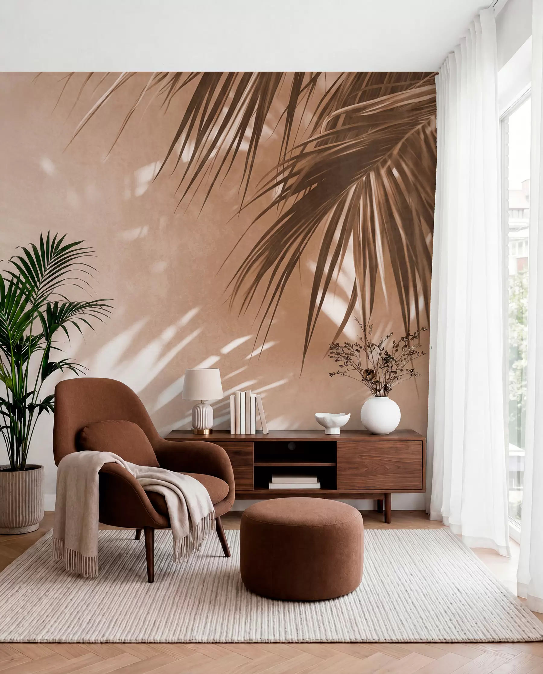murales de pared Hojas de palmera con textura y sombras, un ambiente tropical, minimalismo w09890