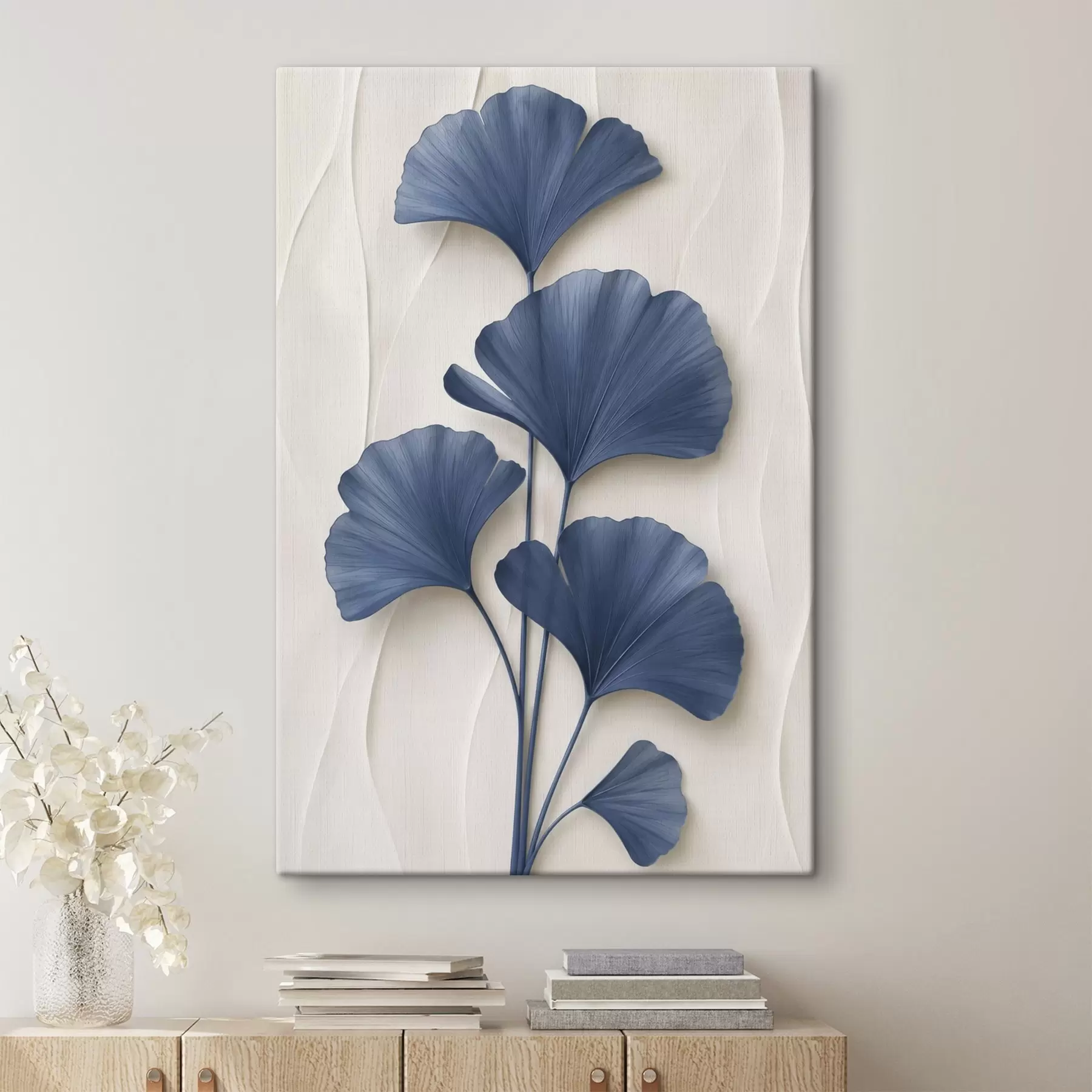 murales de pared Hojas de ginkgo sobre un fondo claro, una imagen plana con un efecto que simula la profundidad del volumen s49298