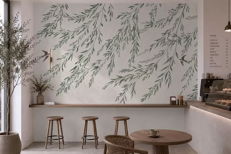 murales de pared Ramas verdes y pájaros sobre un fondo claro w05630