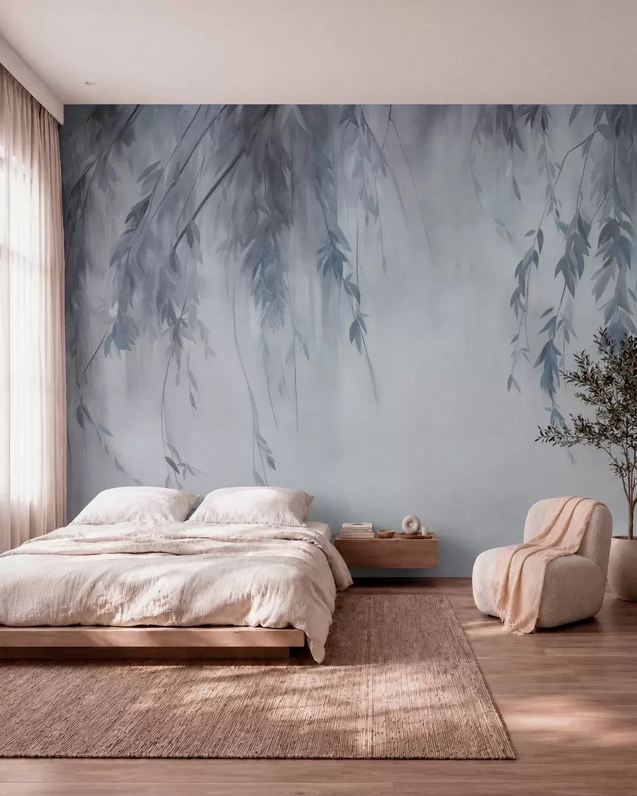 murales de pared Ramas de sauce con hojas de color azul pálido que cuelgan sobre un fondo tenue, al estilo de una acuarela w09893v2