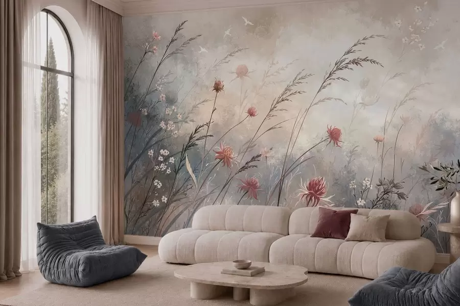 murales de pared Delicadas flores silvestres en un paisaje brumoso en tonos pastel w05538