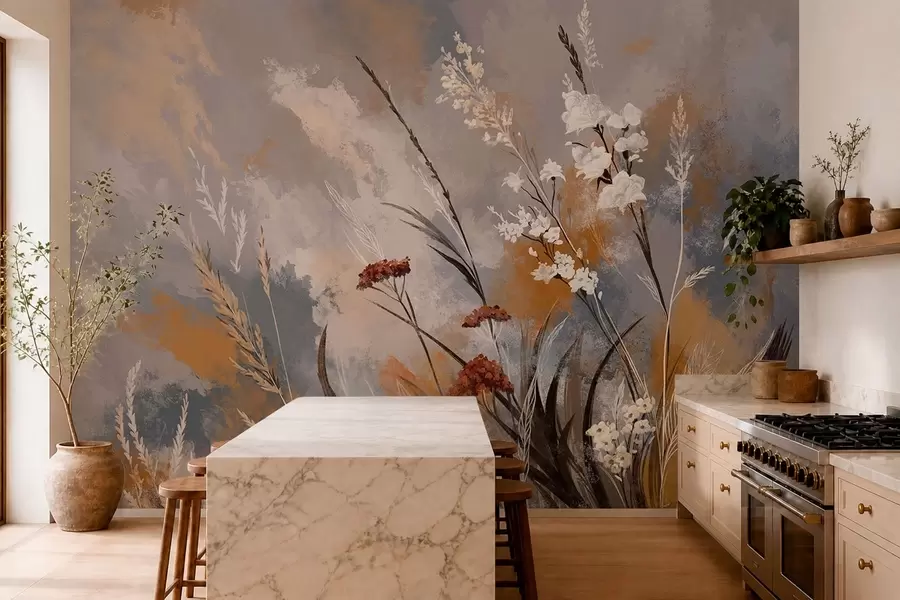 murales de pared Plantas de pradera en tonos naturales cálidos w05539