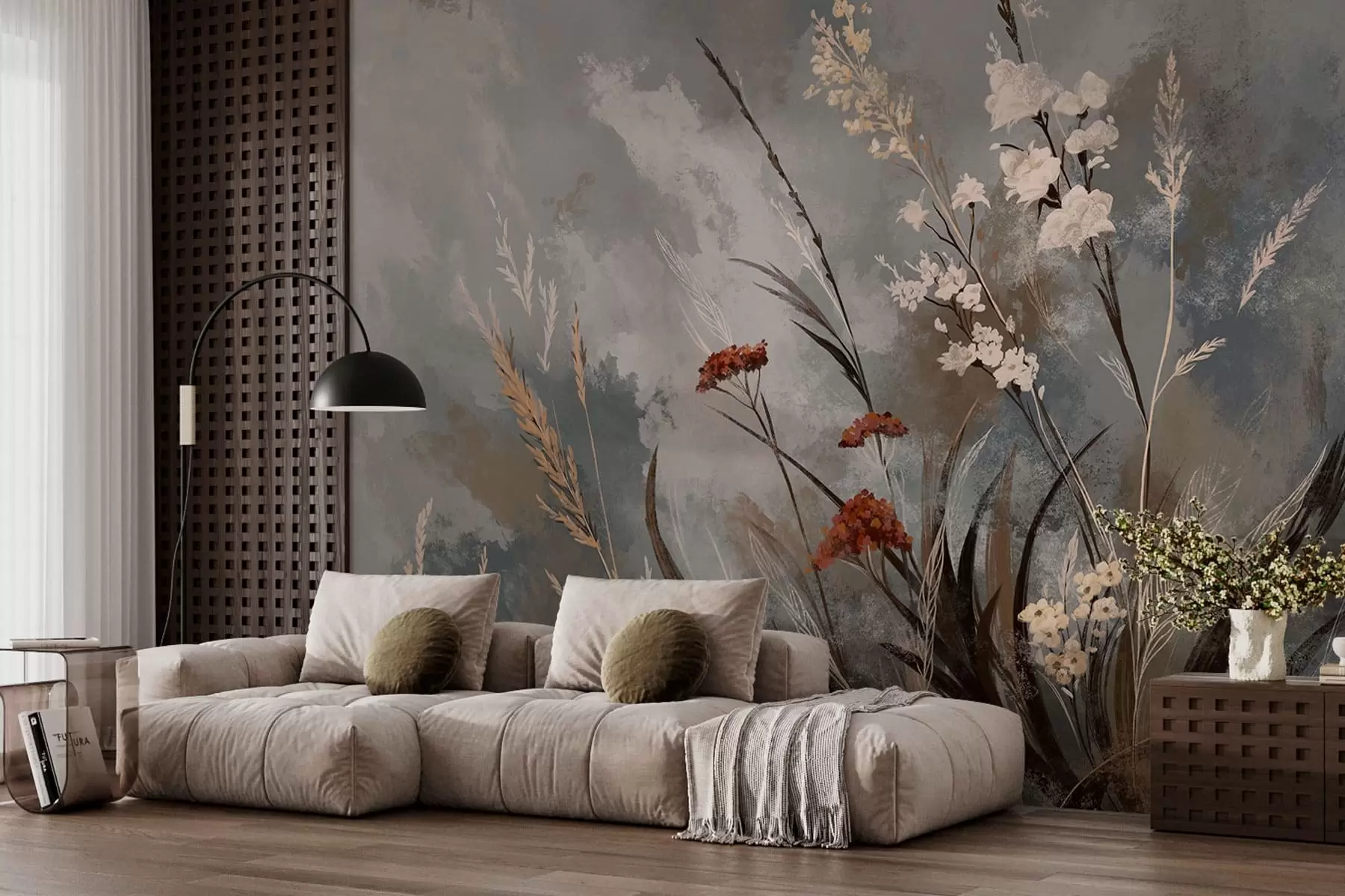 murales de pared Hierbas y flores de pradera sobre un fondo artístico gris w05539v1