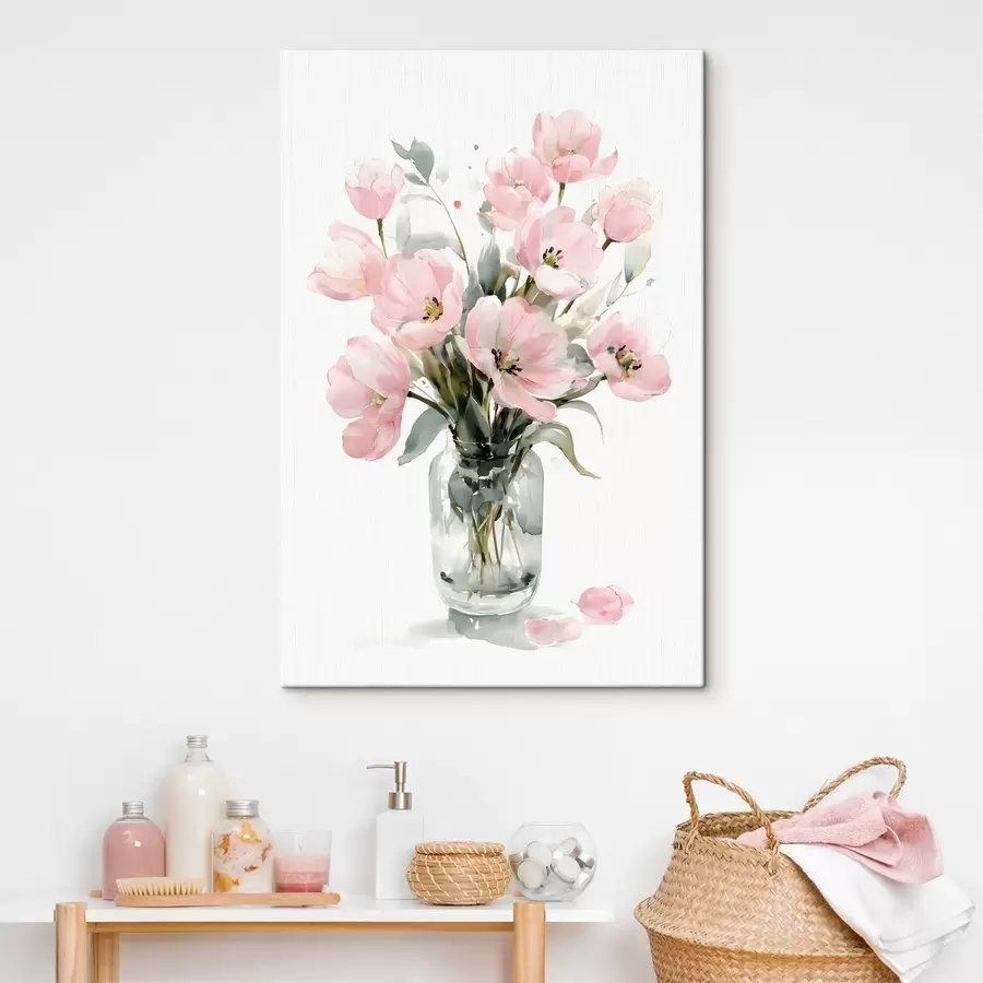 murales de pared Delicados tulipanes rosas en un jarrón, en estilo acuarela s49226