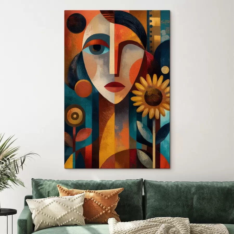 murales de pared Un retrato abstracto de una niña con flores en estilo étnico s49227