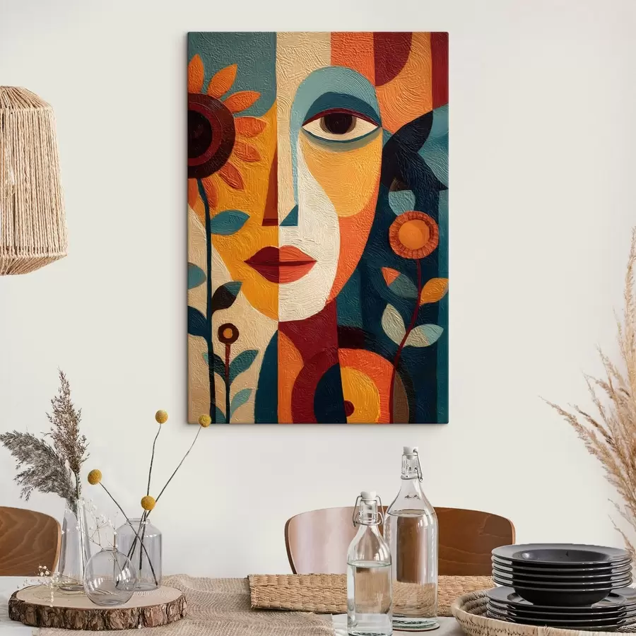 murales de pared Un retrato abstracto de una niña con flores en estilo étnico s49228
