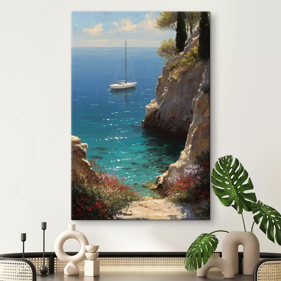 murales de pared Un puerto marítimo con un yate, al estilo de una pintura al óleo s49240