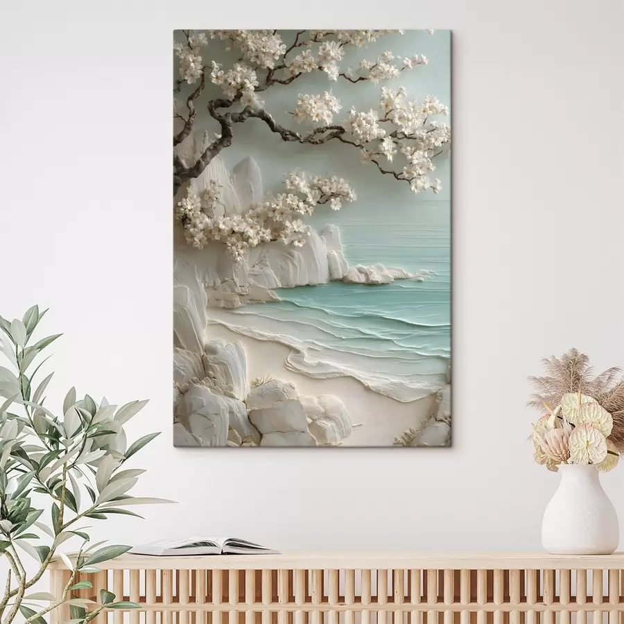 murales de pared Un árbol en flor junto al mar, representado en estilo de bajorrelieve s49248