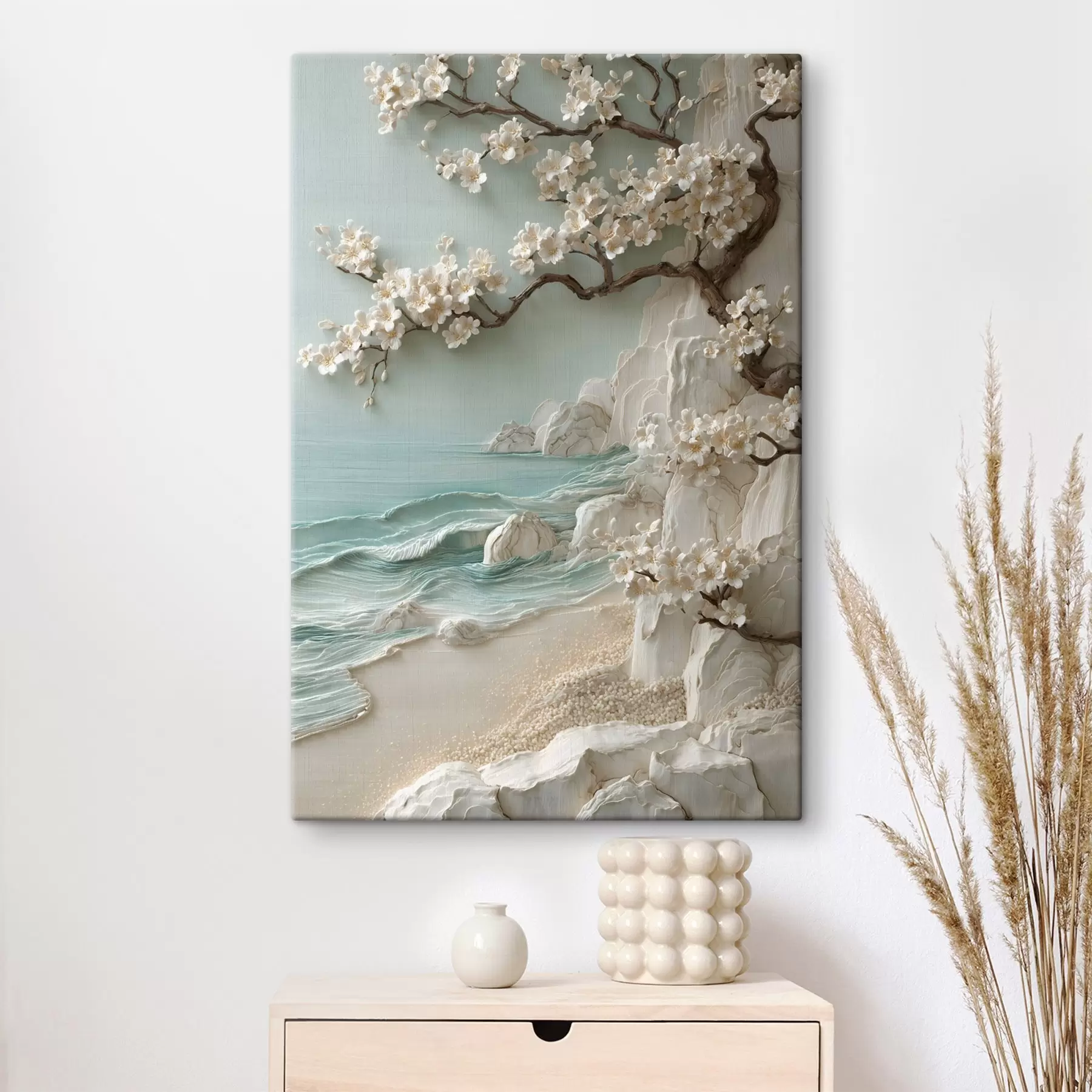 murales de pared Un árbol en flor junto al mar, representado en estilo de bajorrelieve s49249