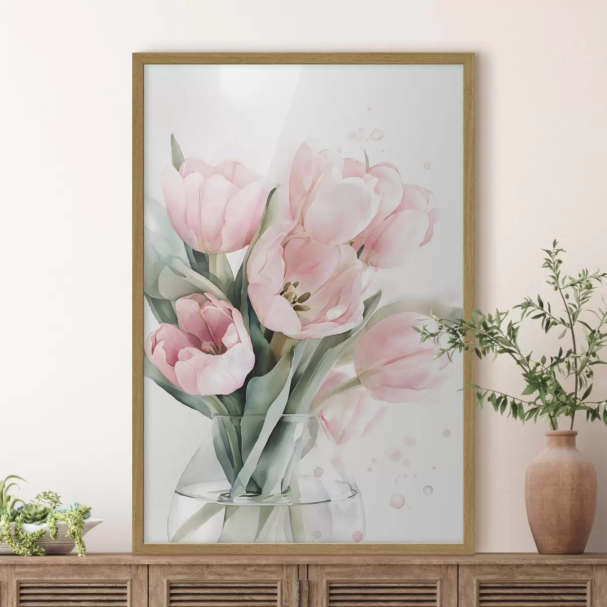 Poster Delicados tulipanes rosas en estilo acuarela f49225