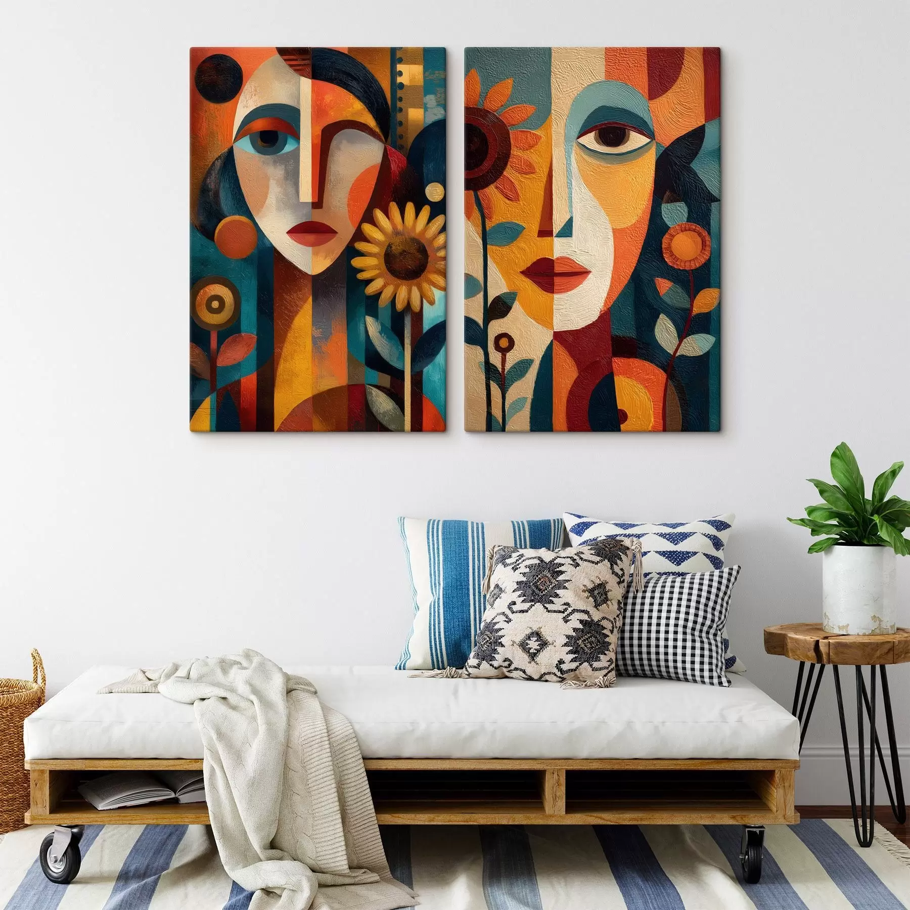 murales de pared Retratos abstractos de niñas con flores en estilo étnico m30532
