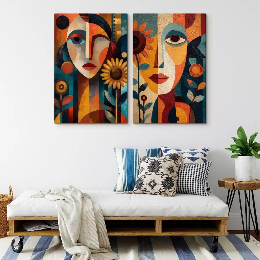 murales de pared Retratos abstractos de niñas con flores en estilo étnico m30532