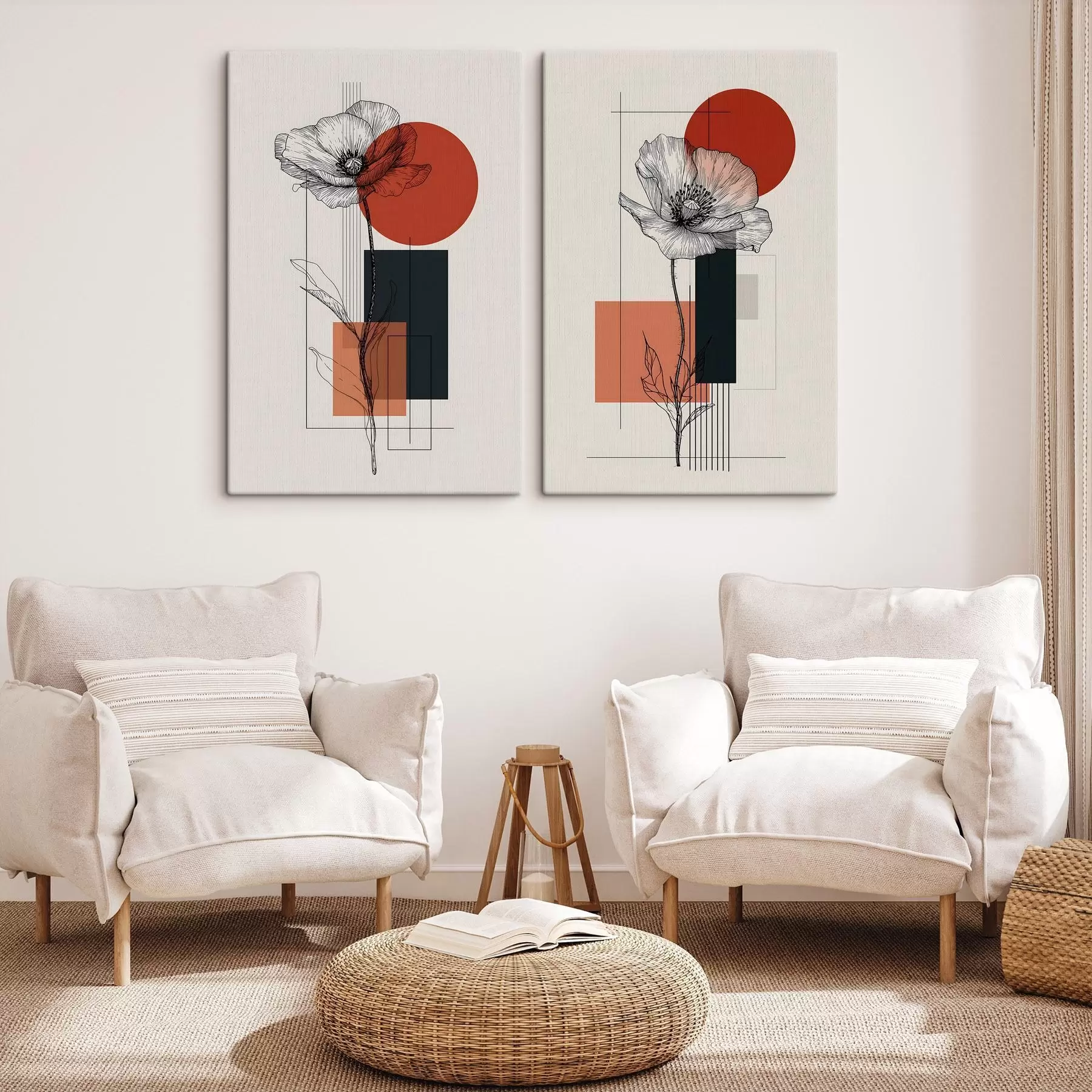 murales de pared Amapolas de estilo gráfico sobre un fondo geométrico m30533