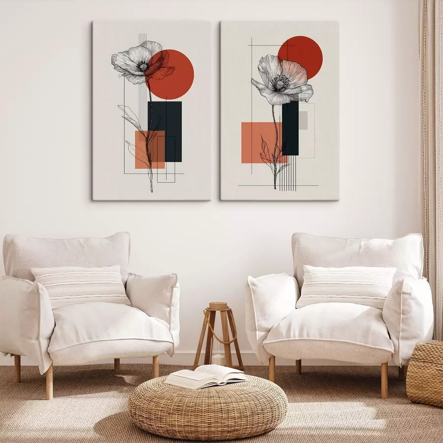 murales de pared Amapolas de estilo gráfico sobre un fondo geométrico m30533
