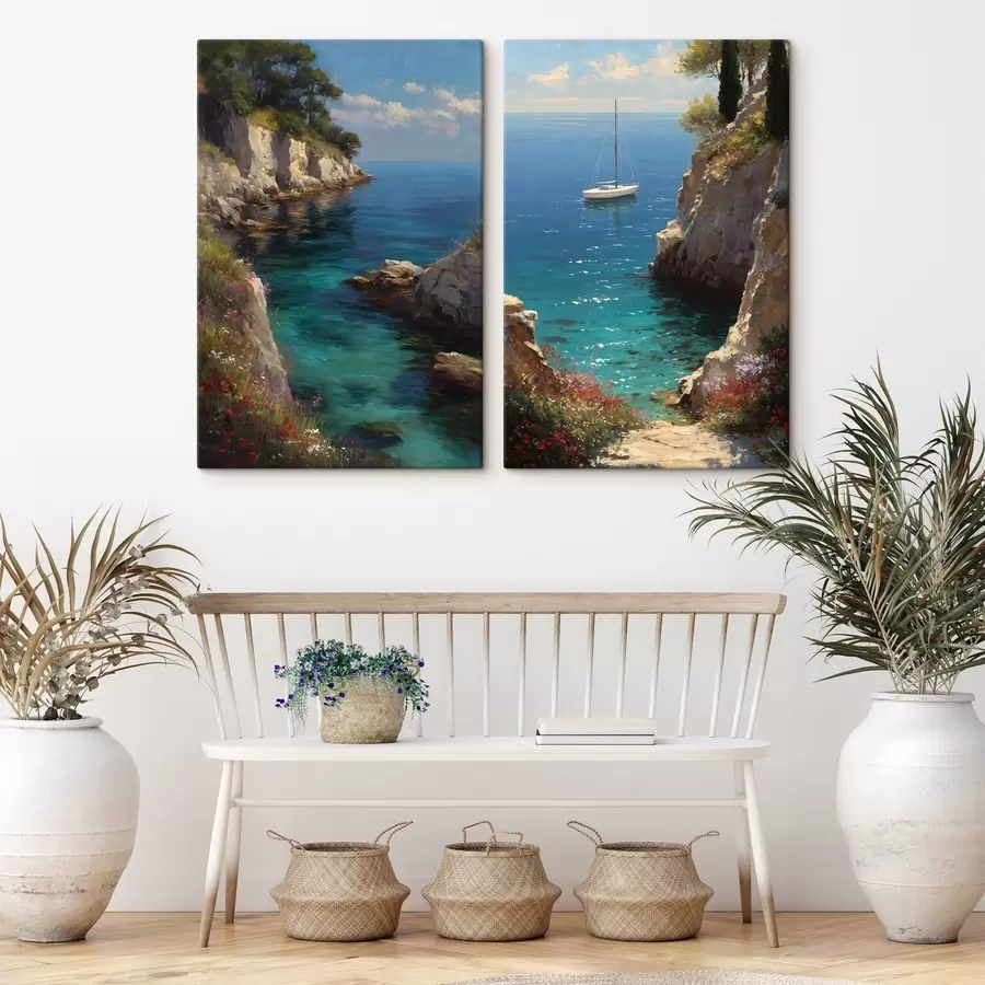 murales de pared Un puerto marítimo con un yate, al estilo de una pintura al óleo m30538