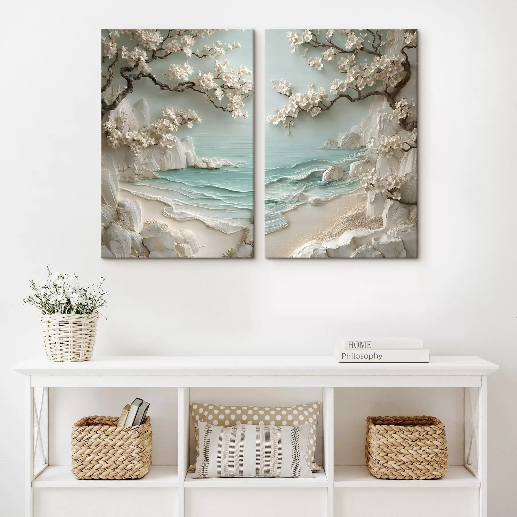murales de pared Árboles en flor junto al mar, en estilo de bajorrelieve m30542