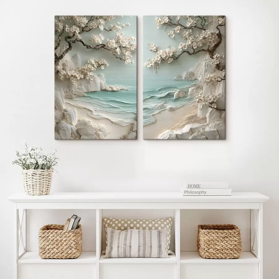 murales de pared Árboles en flor junto al mar, en estilo de bajorrelieve m30542